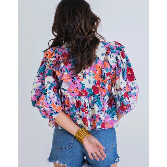 KARLIE Linen Floral V Neck Ruffle Top Pink Half Sleeve Casual Womens Medium - Picture 8 of 8